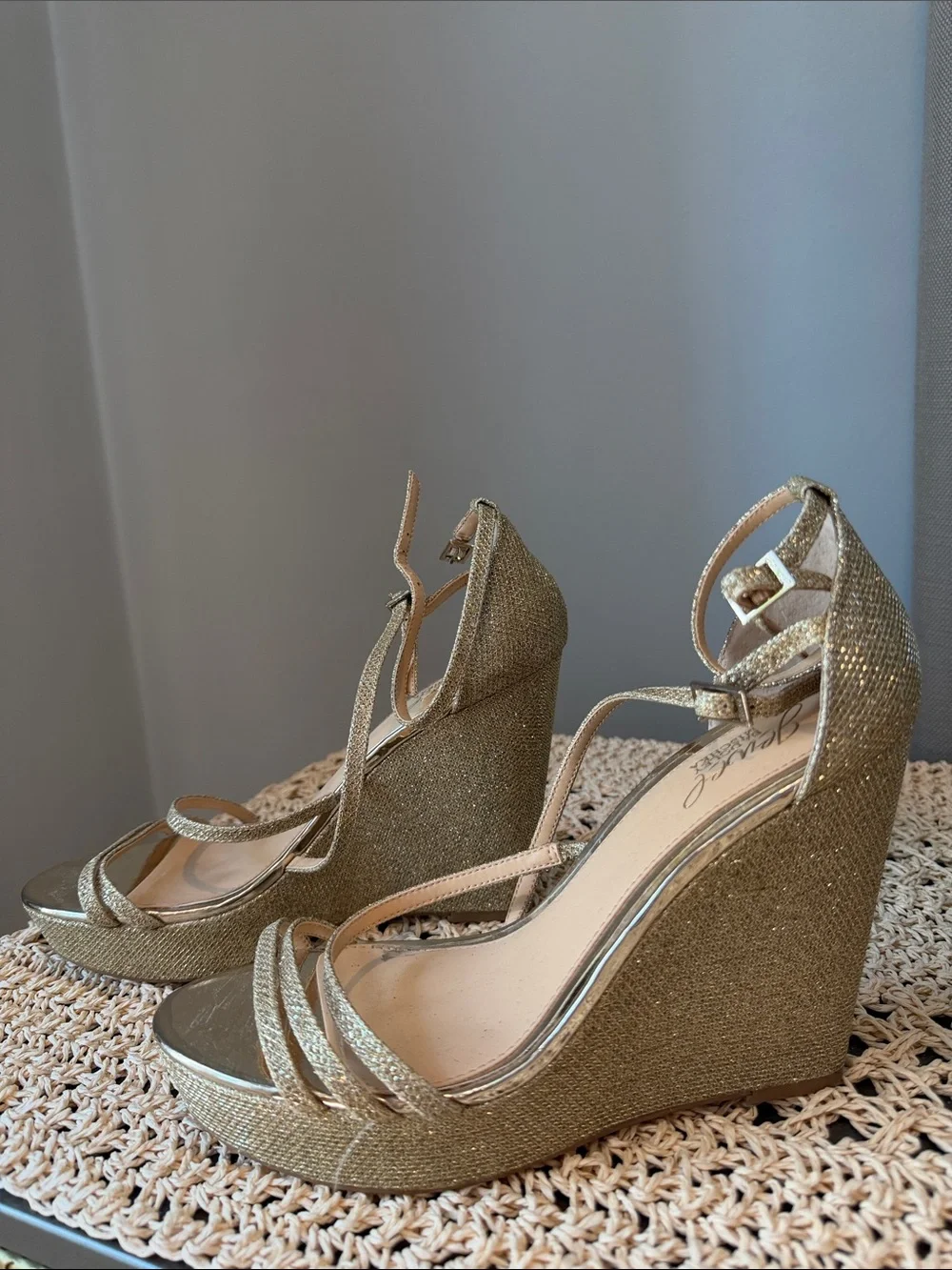 Badgley Mischka Metallic Gold Wedge Sandals with Ankle Strap